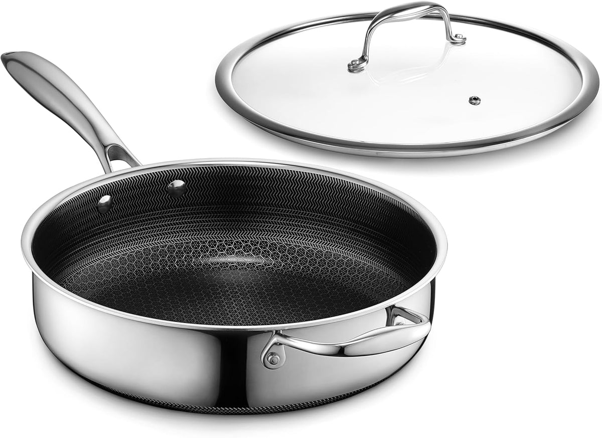 HexClad Hybrid Nonstick 3.3-Quart Deep Sauté Pan with Tempered Glass Lid, Stay-Cool Handle, Dishwasher-Friendly, Oven-Safe Up to 900°F, Induction Ready, Compatible with All Cooktops