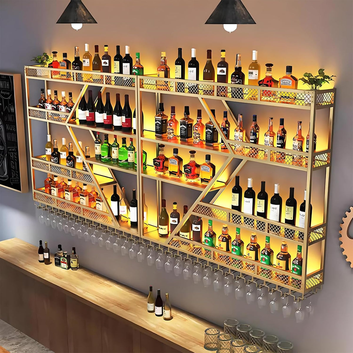 63in Metal Wine Rack Wall Mounted, Modern Wine Storage Rack Wall Mounted with Wine Glass Holder, Liquor Shelf, Bar Shelves for Liquor Bottles (4 Tiers Gold, 63 * 7.87 * 48.5INCH)