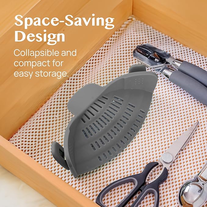 Kitchen Gizmo Snap N' Strain - Silicone Pasta Strainer Clip-On for Pots and Pans - Heat Resistant Colander for Vegetables and Noodles - Kitchen Gadgets for Cooking - Space-Saving Design - Gray