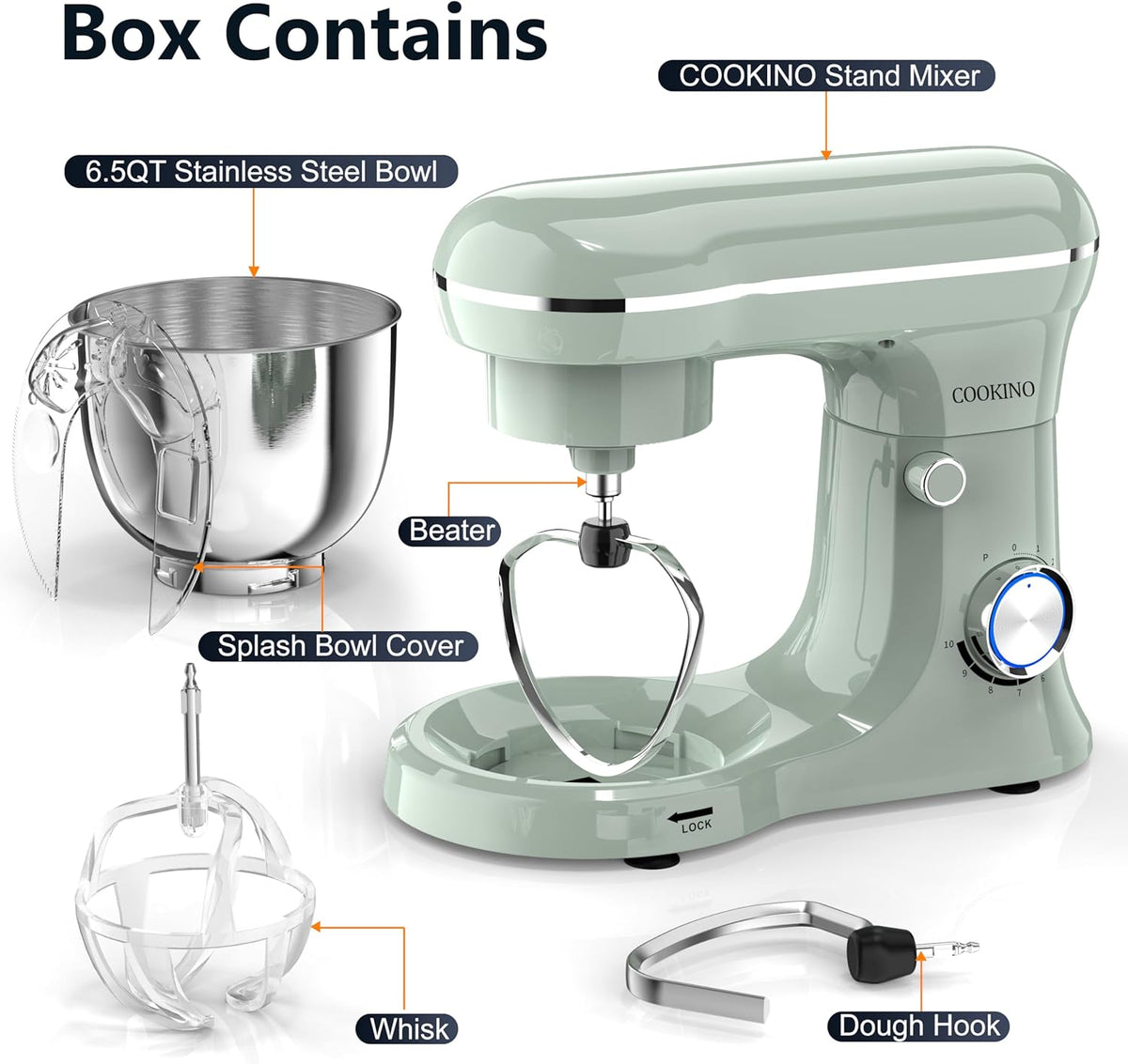 Electric Stand Mixer,660W 10 Speeds Tilt-Head Food Mixer, 3-IN-1 Kitchen Mixer for Daily Cooks with 6.5 QT Bowl,Dough Hook, Beater, Whisk (Morandi Green)