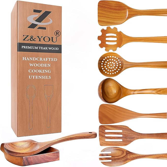 9-Piece Teak Wooden Utensil Set – Wooden Spoons for Cooking with Spoon Rest, Wooden Spatula, and Non Toxic Cooking Utensils – Premium Kitchen Utensils Set for Daily Use