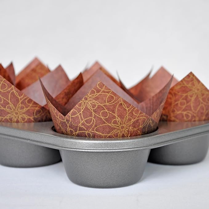 (JUMBO Large size) Brown Golden pattern Tulip Baking Cups 2-1/4"(Base diameter) x 3-3/4"(Wall height) Greaseproof paper Muffin liners, Case of 130 pcs