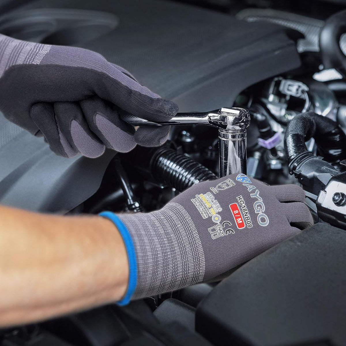 Safety Work Gloves MicroFoam Nitrile Coated-12 Pairs,KAYGO KG18NB,Seamless Knit Nylon Glove with Black Micro-Foam Nitrile Grip,Ideal for General Purpose,Automotive,Home Improvement, Red