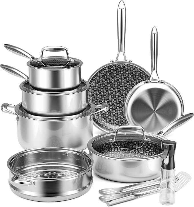 VONIKI Hybrid Tri-ply Stainless Steel Cookware Set, Pots And Pans Set Non Stick with Steamer Basket, Non Toxic Induction Cookware, Kitchen Cookware Sets PFOA & PTFE Free, Dishwasher and Oven Safe