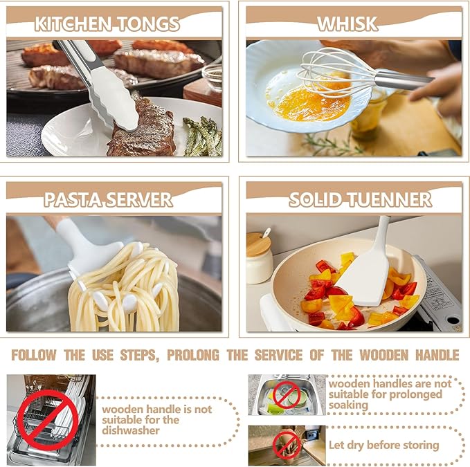 Umite Chef Silicone Kitchen Utensil Set, 34PCS Heat Resistant Kitchen Gadgets and Tools With Grater, Cream White Wood Handles for Nonstick Cookware