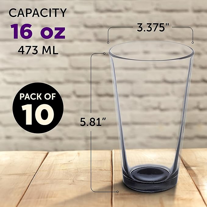Libbey Pint Glass 16 oz. Set of 10, Bulk Pack - Beer Glasses, Heavy Duty Drinkware - Black
