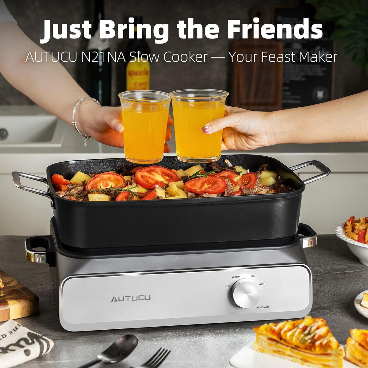Slow Cooker 10-Quart - PFOA-Free Ceramic Coating, Oven Safe to 450°F | Keep Warm Function for Large Family Gatherings (Includes Silicone Spoon)