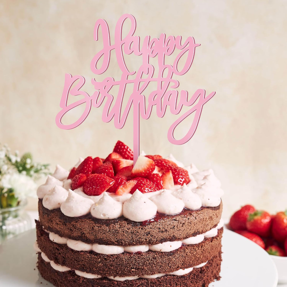 1 PCS Birthday Cake Topper, 5.1 x 7 Inches Happy Birthday Cake Toppers, Pink Happy Birthday Cake Sign for Party, Baby Shower, Anniversary and Cake Sign Decorations