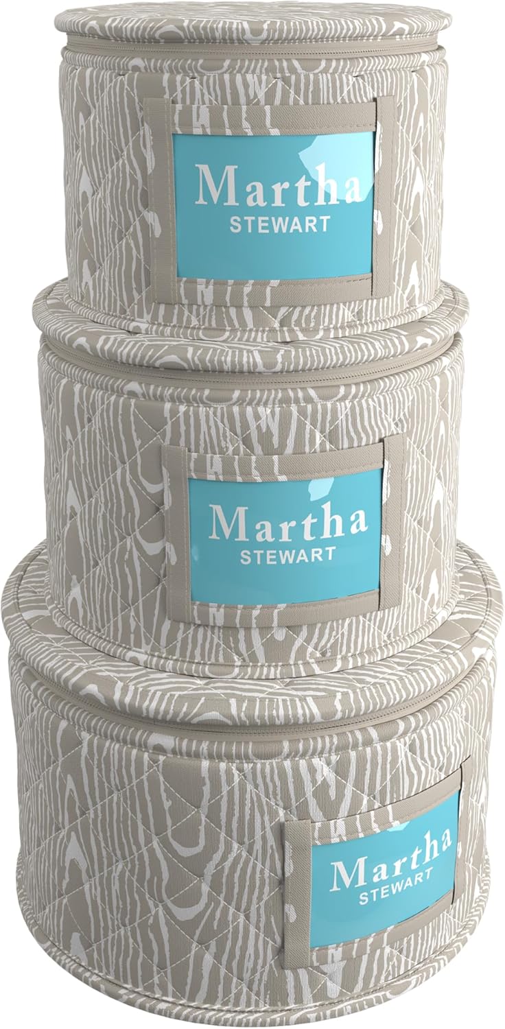 Martha Stewart Dinnerware Stemware Glassware Organizer Home Storage Container Case, 3 Piece Dinnerware Set Organizer For Dessert, Salad and Dinner Plates With Felt Dividers, Skyland Faux Bois