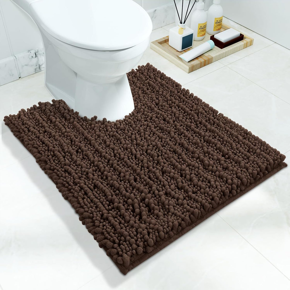 Yimobra Toilet Rug U Shaped Washable 24x20 Inch - Ultra Soft Absorbent Chenille Bath Rugs for Toilet, Quick Dry & Machine Washable, Non Slip Contour Bathroom Mat, Brown