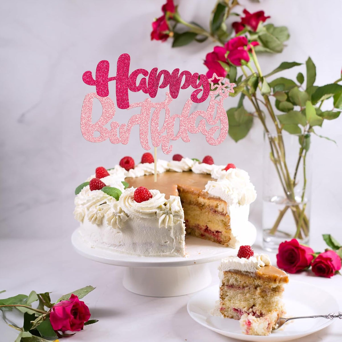 Ephlyn 1Pcs Glitter Happy Birthday Cake Topper for Celebrating Anniversary Theme Party Cake Decorations Supplies Rose Red Pink