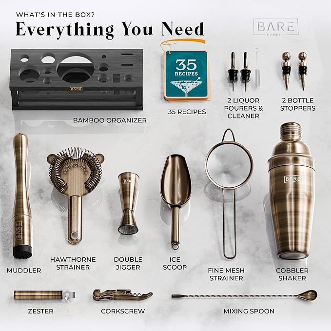 BARE BARREL® Mixology Bartender Kit Bar Set | 16-Piece Cocktail Shaker Set | Martini Barware Mixing Tools for Home Bartending | Incl. 35 Recipe Cards | Gift Set (24oz Cobbler Shaker, Brass/Black)