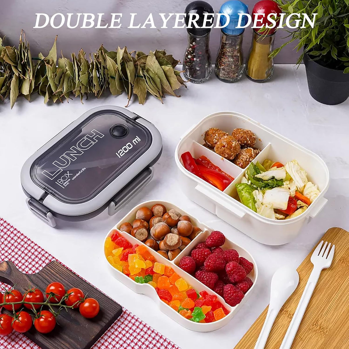 Bento Box Adult, Lunch Box for Men and Women, 1200ML Leak-proof Double-layered with Handle Lunchbox, Reusable BPA-Free Lunch Container, Microwave/Dishwasher Safe, Snack Box with Cutlery Set, White