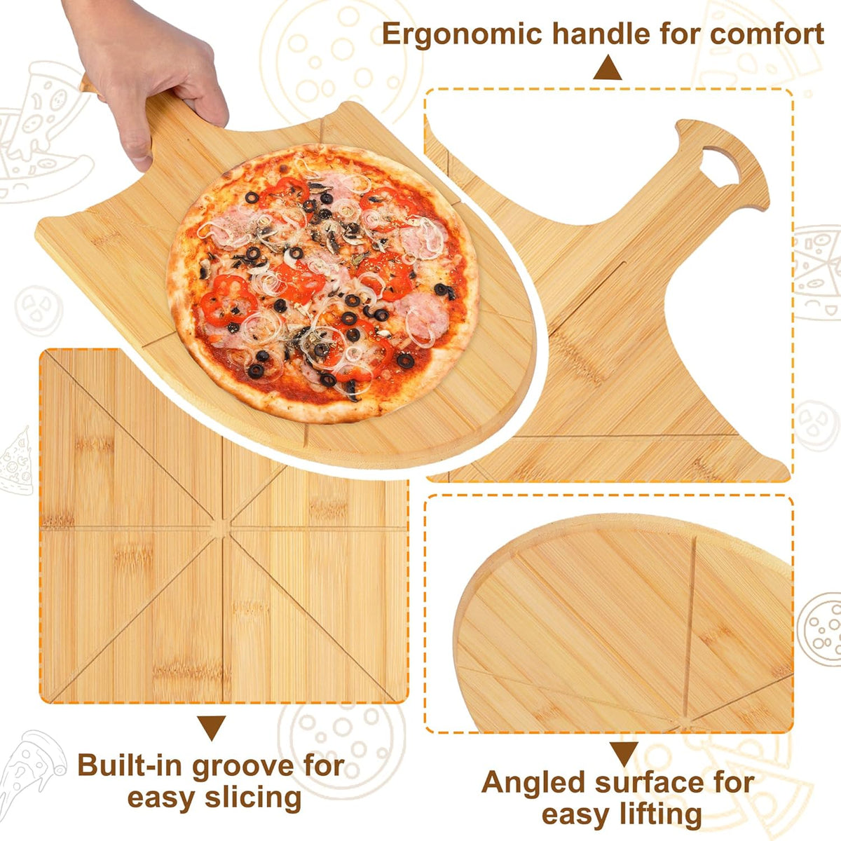 Pizza Peel Wooden, 2 Pack of 12 Inch Pizza Spatula Wood Non-Stick, Bamboo Pizza Paddle as Cutting Board with Cutting Grooves for Easy Pizza and Bread Making