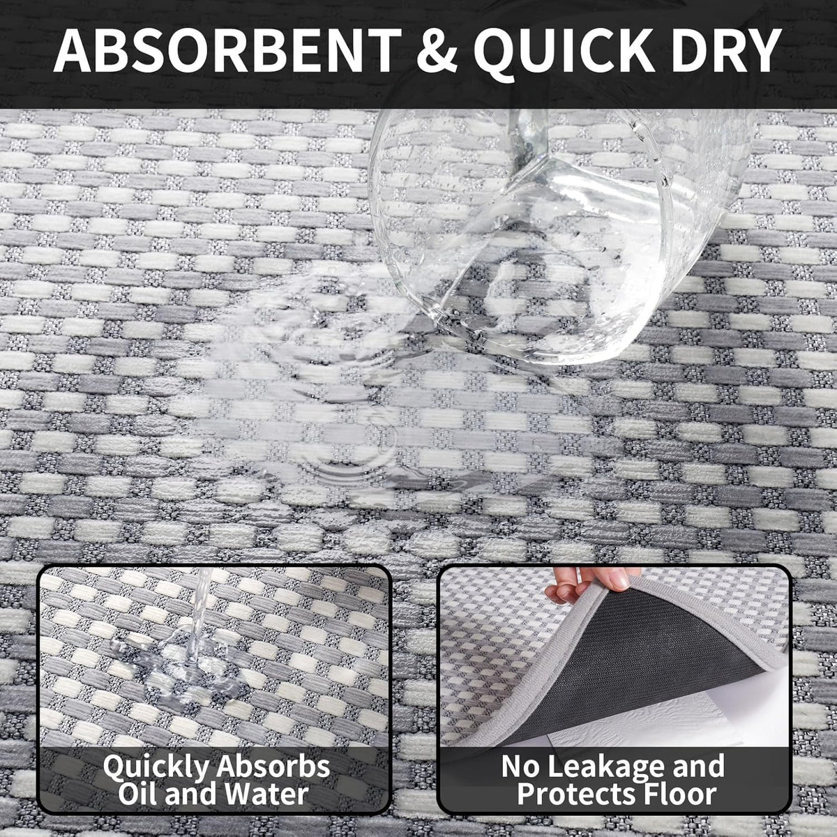 Kitchen Runner Rugs Non Slip Washable, Super Absorbent Soft Chenille Braided Kitchen Mats for Floor Rubber Backing Sink Mat Standing Floor Mat, Machine Washable Easy Clean, Gray 17"x59"