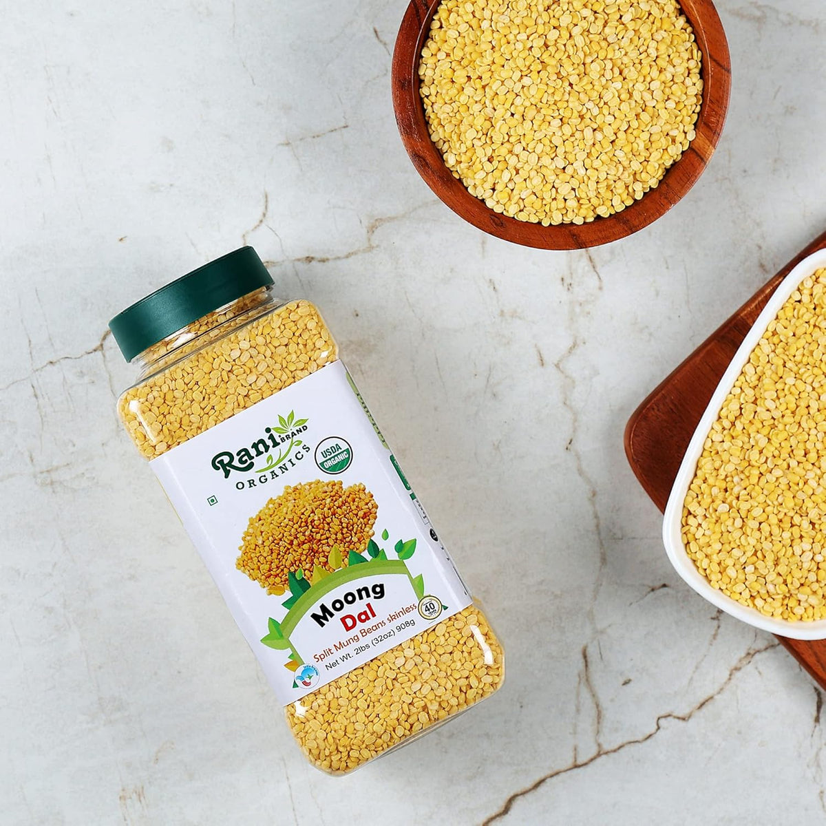 Rani Organic Moong Dal (Split Moong Beans Skinless) Indian Lentils 32oz (2lbs) 908g PET Jar ~ All Natural | Vegan | Gluten Friendly | NON-GMO | Indian Origin | USDA Certified Organic