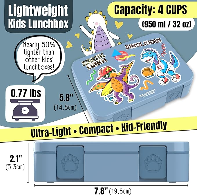 BEARFOOT Kids Lunch Box with Compartments – Compact & Lightweight | Leak-Proof, BPA-Free, Dishwasher & Microwave Safe | Hand-Drawn Design for Preschool, School, Travel (Dinos Blue, 4 Cups)