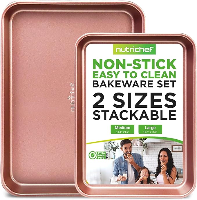 NutriChef Nonstick Cookie Sheet Baking Pan - 2pc Large & Medium Metal Oven Baking Tray, Professional Quality Kitchen Cooking Non-Stick Bake Trays w/ Rimmed Borders, Rose Gold