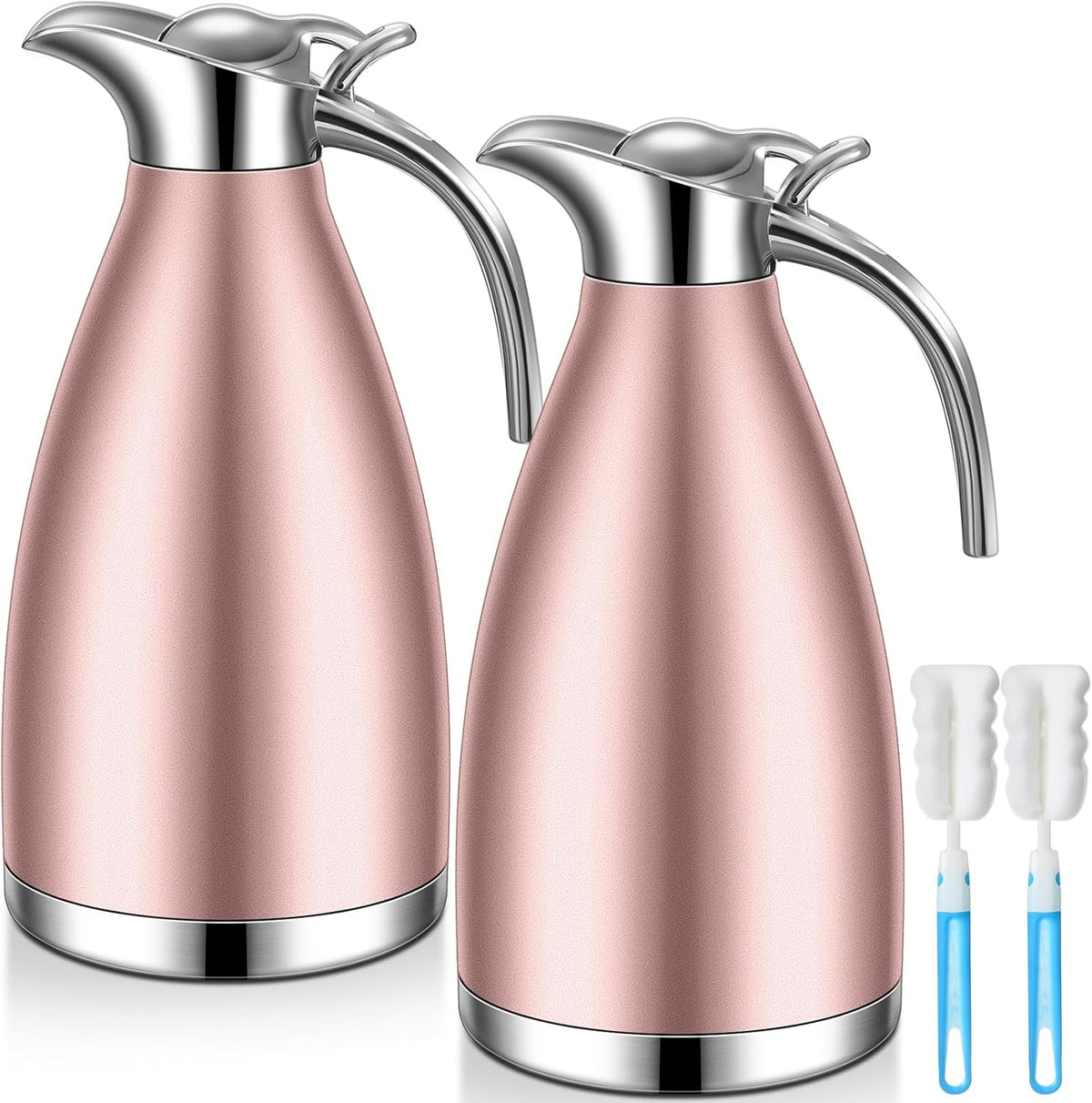 Uiifan 2 Pcs 68 oz Thermal Coffee Carafe Insulated Stainless Steel Coffee Carafe for Hot Liquids Vacuum Thermal Pot Creamer Dispenser with Brushes Keeping Hot Tea Milk Water(Rose Gold)