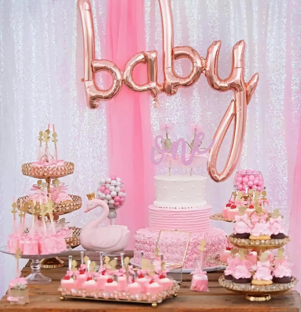First Birthday Cake Topper - Pink Glitter One Cake Decorating Supplies for Girls and Boys, Perfect for Baby Shower/Gender Revealing Party/Baby Party Photo Booth Props