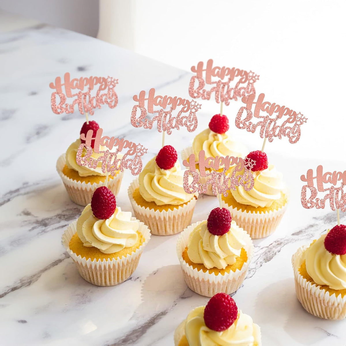 Ephlyn 24Pcs Rose Gold Happy Birthday Cupcake Toppers for Baby Shower, Kids, Boys, Girls Birthday & Anniversary Parties