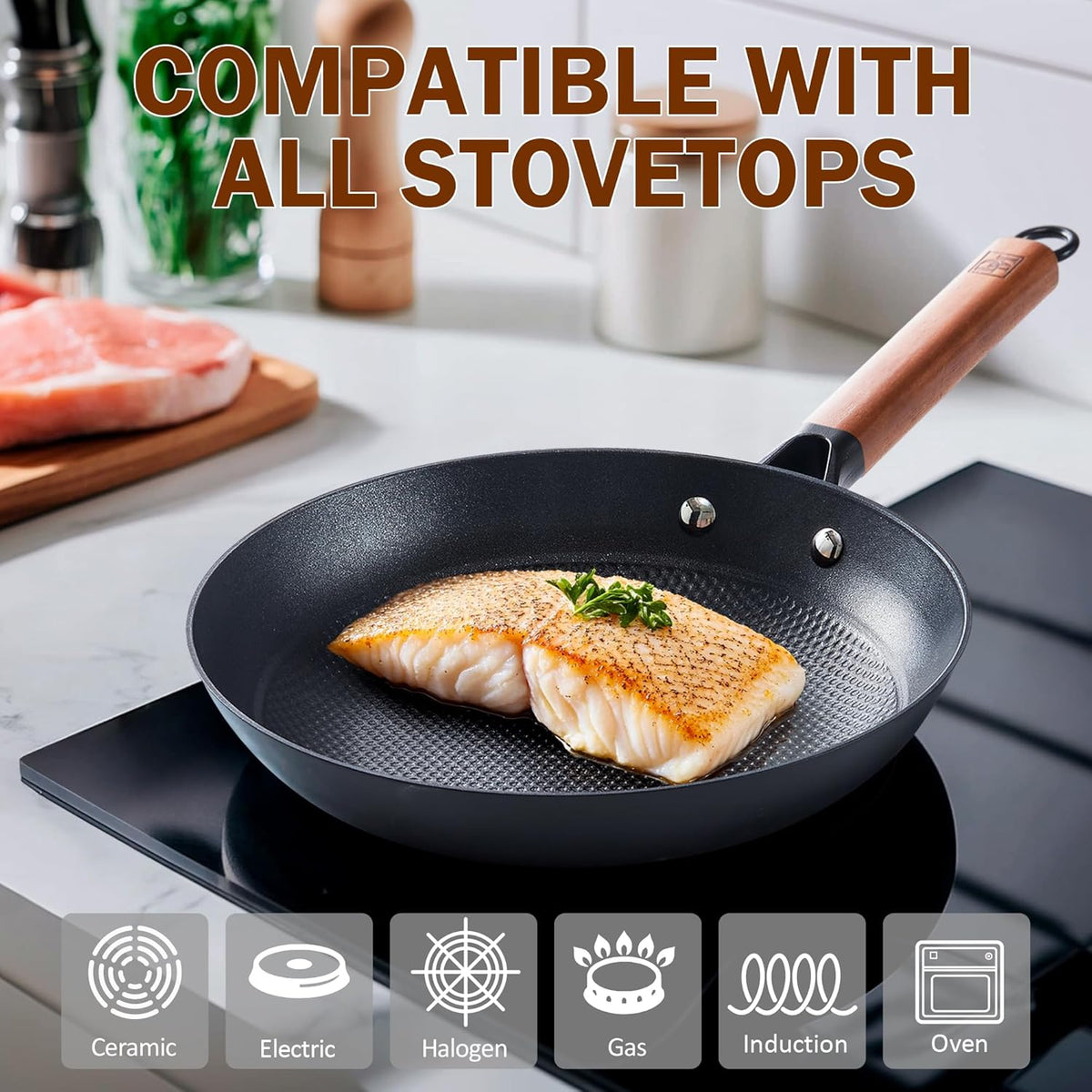 DM Cast Iron Skillet, 10 Inch Nonstick Frying Pan with Detachable Acacia Wooden Handle, Honeycomb Non stick Omelet Egg Pan, Easy Clean Oven Safe Pans for Cooking