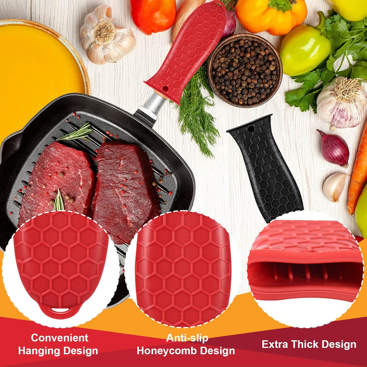 10Pcs Cast Iron Handle Cover, Silicone Hot Handle Holder, Heat Resistant Cast Iron Skillet Covers Potholder for Frying Pans and Griddles Kitchen Supplies