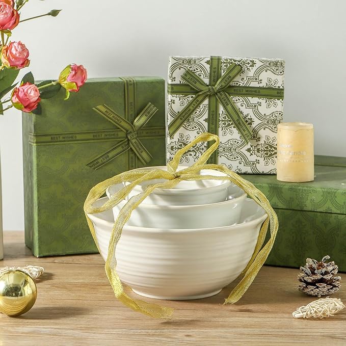Hasense Ceramic Mixing Bowls, 2.1/1.5/1.0/0.5 Qt, Nesting Bowls for Cooking, Baking, Serving Dishes for Salad, Fruits, Popcorn, Dishwasher & Microwave Safe, Set of 4, Clay-Infused White