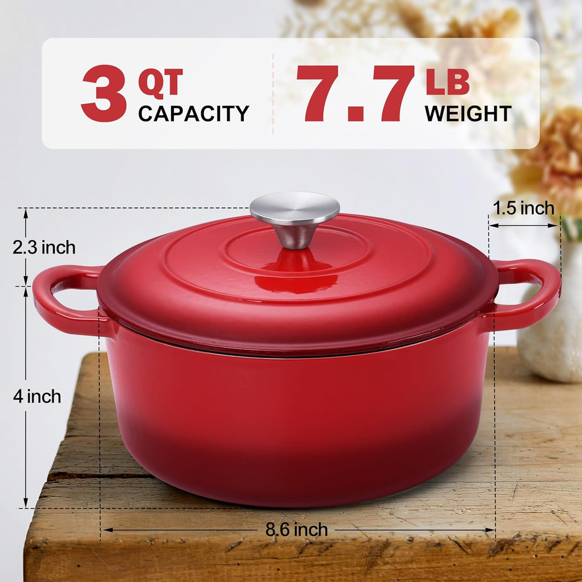 Small 3 Quart Dutch Oven, HaSteeL Round Cast Iron Cooking Pot with Lid, Nonstick Enameled Cookware for Sourdough Bread Baking Roasting Stewing Braising Frying, Heavy Duty & Oven Safe 500℉, Red