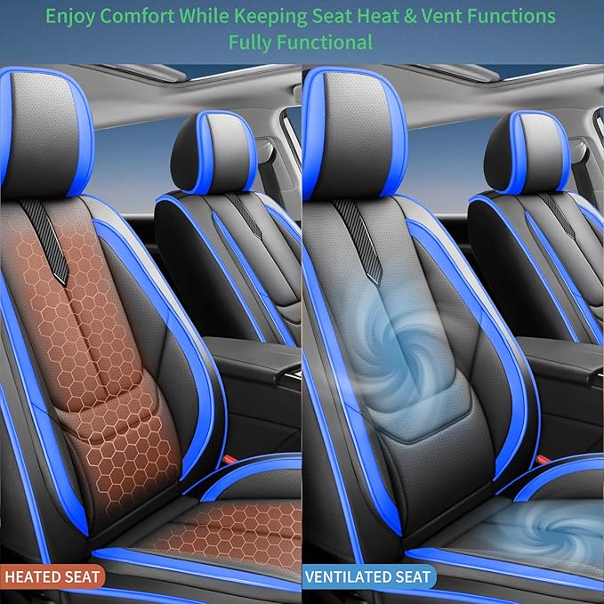 Fit Kona Car Seat Covers for Hyundai Kona 2018-2024 2025 2026 -Upgraded Premium Waterproof & Breathable Leather,Airbag Compatible,All-Weather Seat Cushion Protector,2 Front/Black-Blue