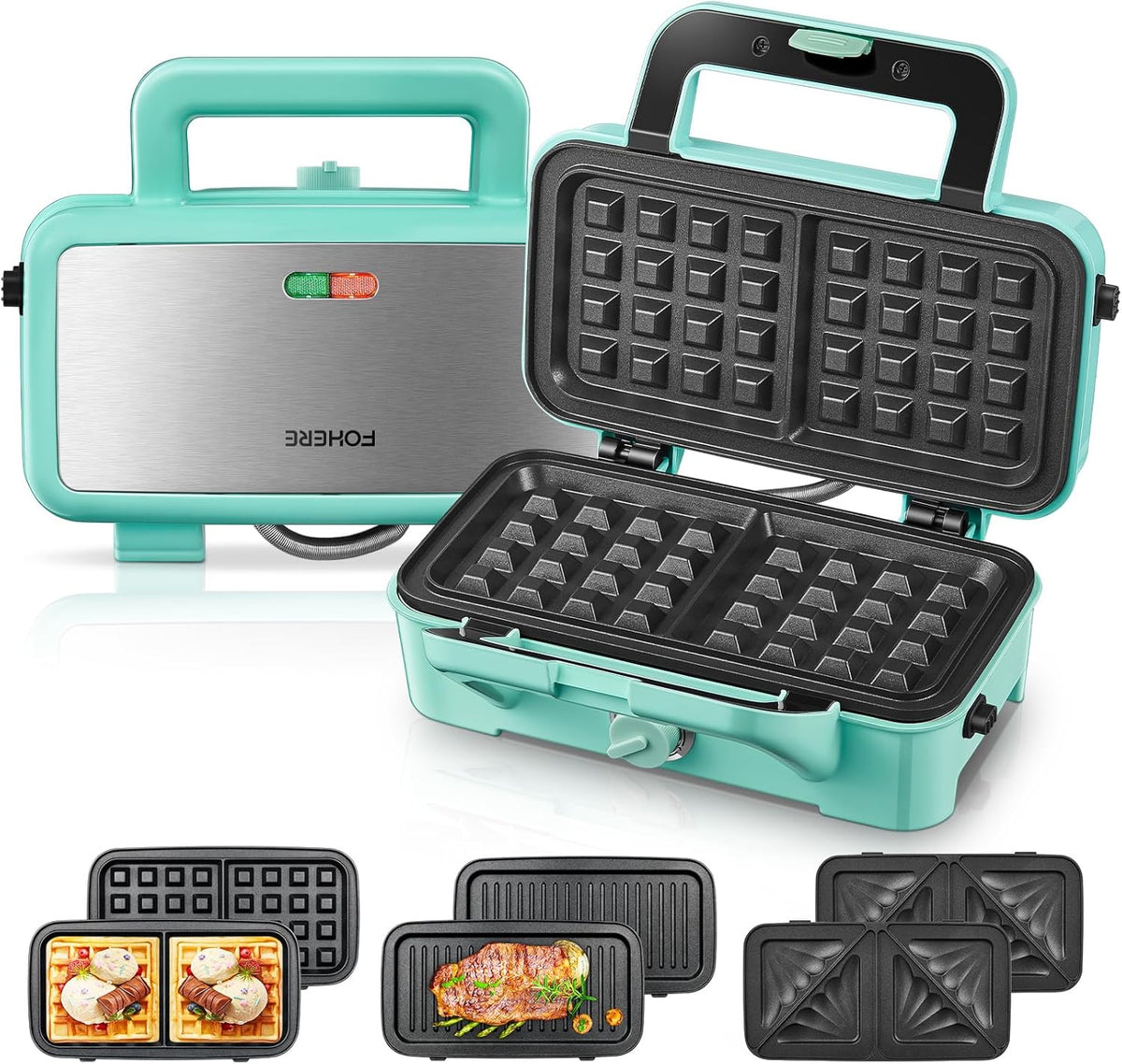 FOHERE Waffle Maker 3 in 1 Sandwich Maker 1200W Panini Press With Removable Plates and 5-gear Temperature Control, Non-stick Coating Easy to Clean,Indicator Lights, Blue