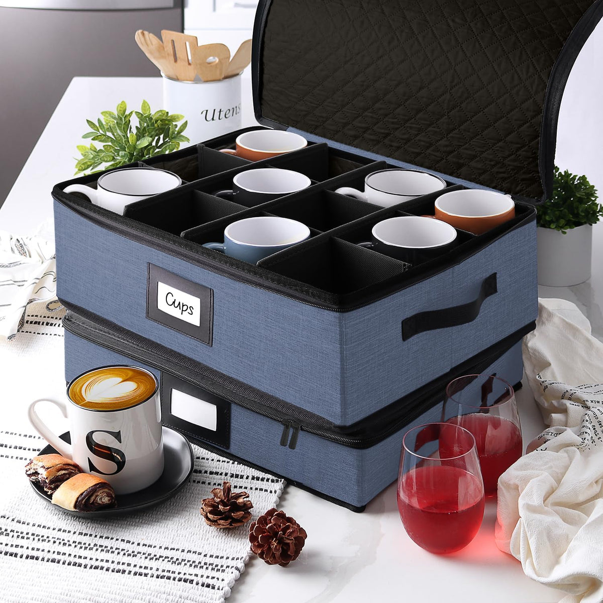 Hearth & Harbor Coffee Mug Storage, Quilted and Stackable Coffee Cup Storage Organizer for Service of 12, Mug Storage Box with Dividers, China Containers Hard Shell for Moving and Organization, Blue