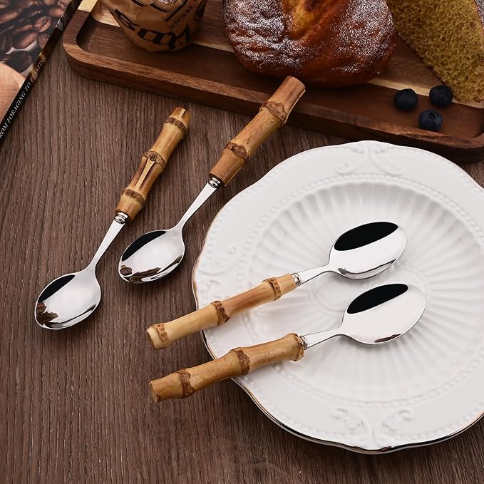 40PCS Silverware Set for 10, Bamboo Handle Flatware Set, Stainless Steel Cutlery Set for Home Restaurant and Party, Bamboo Forks Spoons and Knives Set, Polished Tableware