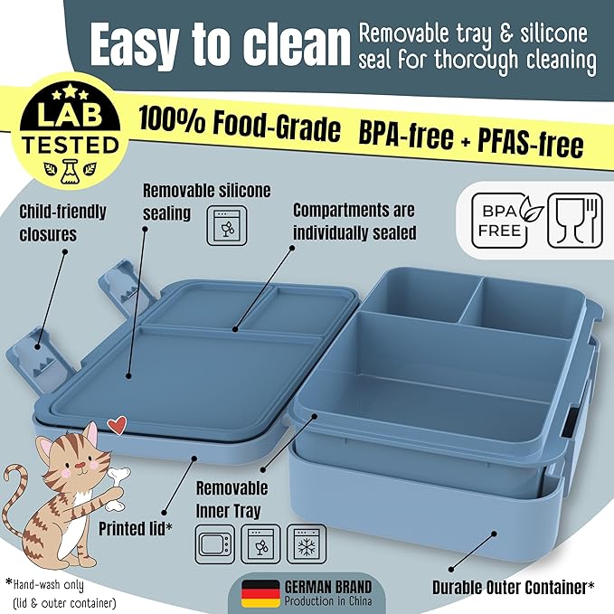 BEARFOOT Kids Lunch Box with Compartments – Compact & Lightweight | Leak-Proof, BPA-Free, Dishwasher & Microwave Safe | Hand-Drawn Design for Preschool, School, Travel (Excavator Monkey Blue, 4 Cups)