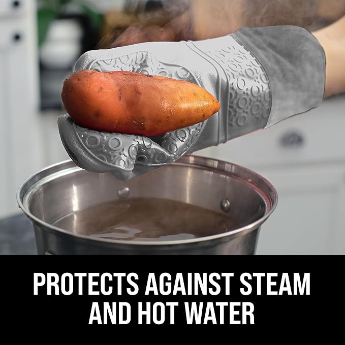 BPA-Free Soft Silicone Oven Mitts - Ultra Heat Resistant Oven Mitts with Thick Cotton Liner - Extra Long Slip Resistant Pot Holders, Flexible Oven Gloves - Gray 14.7"