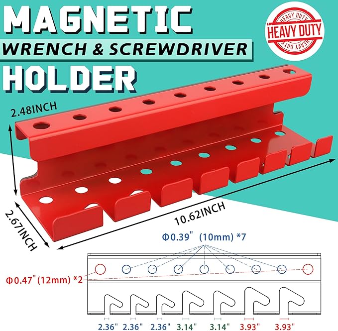 ULIBERMAGNET Magnetic Wrench Holder,Heavy Duty Red Magnetic Screwdriver Holder,Wrench Screwdriver Shear Organizer Rack Magnetic Mount Multiple Tools Rack for Garage,Tool Cart,Pegboards,Workbench