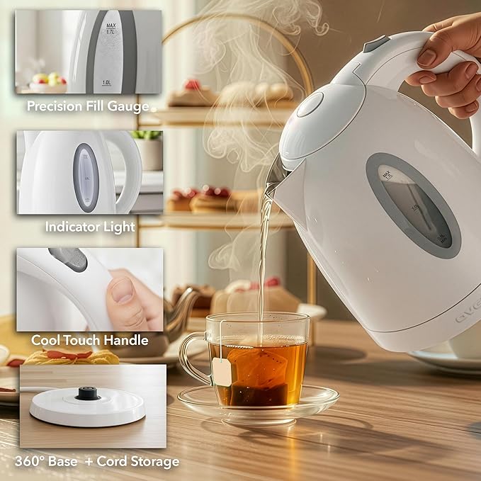 OVENTE Electric Kettle, 1.7L Fast Boiling Water Heater for Coffee or Tea, BPA Free with Water Level Gauge, Auto Shut-Off, Boil-Dry Protection, Indicator Light and Removable Filter, White KP72W