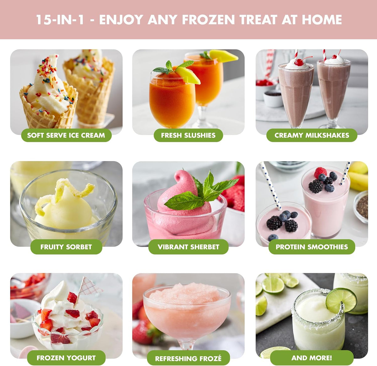 GreenPan Frost Ice Cream Machine & Frozen Drink Maker, Soft Serve, Slushie, Milkshakes & Cocktails, No Freezer Needed, 15-in-1, 7 Textures, Quiet & Rapid, Easy Clean, Family Size, Strawberry Pink