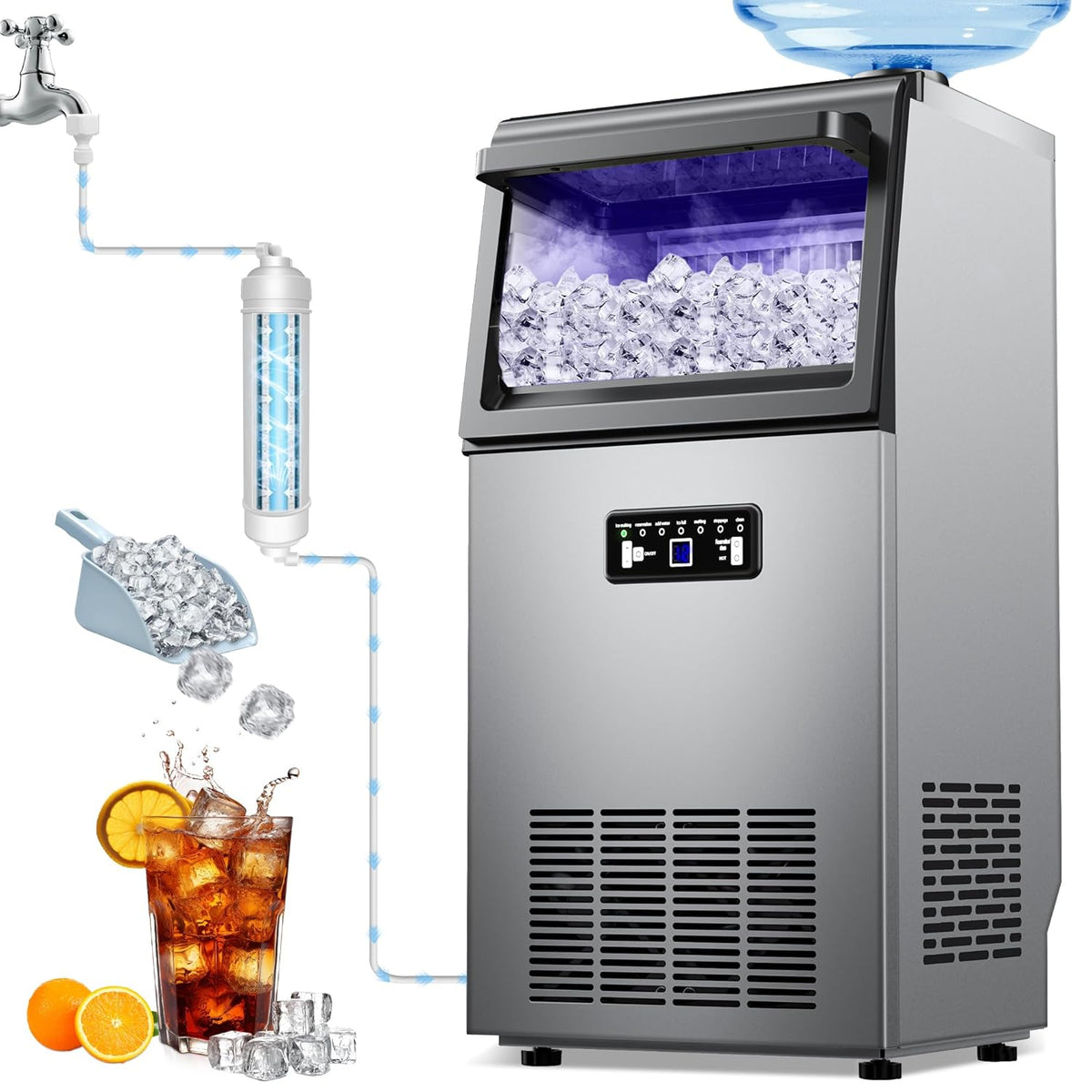 Commercial Ice Maker Machine 110lbs/24H with 22lbs Storage, Stainless Steel Freestanding Ice Machine 2 Water Inlet Modes 40Ice/Cycle, Self-Cleaning Function for Homes Restaurants Bars