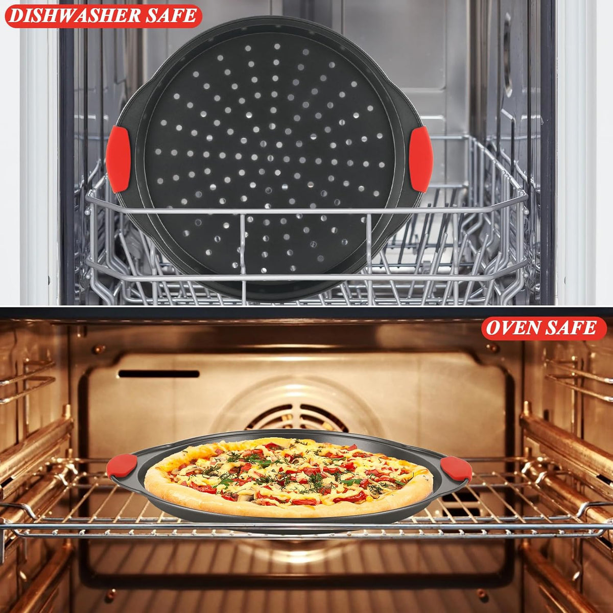 4 Pack Pizza Pan for Oven Round Pizza Pan with Holes & Handle Large Pizza Tray Set Metal Non Stick Pizza Plates Perforated Pizza Baking Sheet Carbon Steel Personal Platter for Grilling Cooking