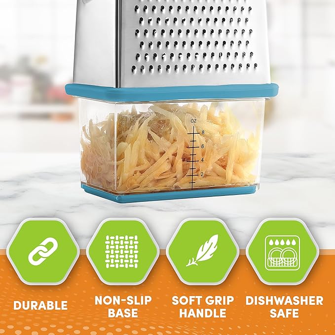 Spring Chef Professional 10" Parmesan Cheese Grater With Container, Stainless Steel & Soft Grip Handle, 4 Sided Kitchen Cheese Shredder Handheld Box Grater for Vegetables, Carrot, Ginger - Aqua Sky