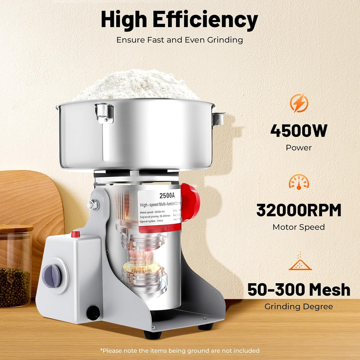 Electric Grain Mill Grinder, 2500g/5.51lb High-speed 32000r/min Food Grinder, 110V 4500W Countertop Grain Mill for Dry Spice Herbs Grains Coffee Rice Pepper (2500g)