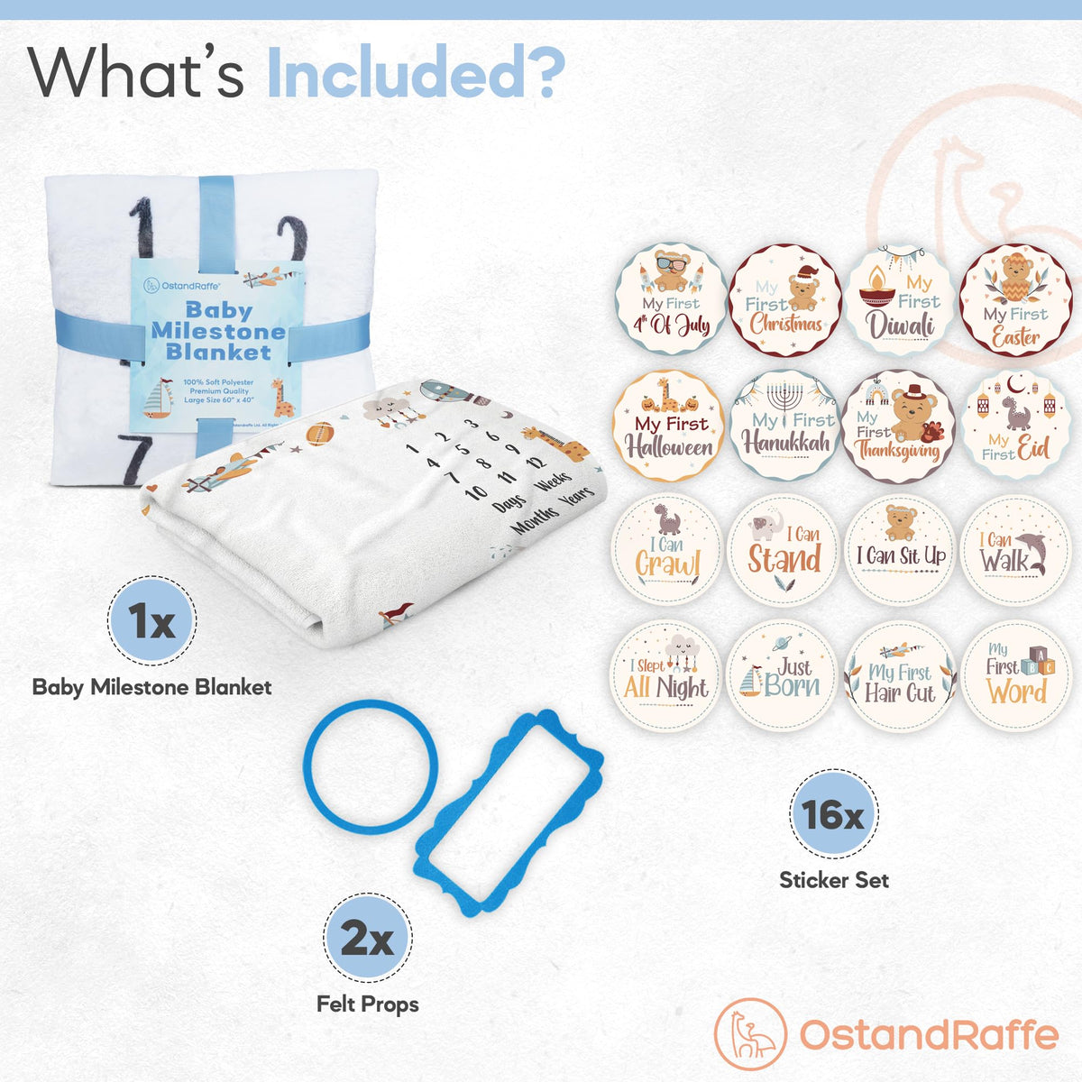 Baby Boy Monthly Milestone Blanket 60x40 - 16 Stickers, Newborn Photo Gift