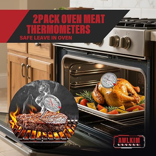 AWLKIM® 3 Pack Meat Thermometer for Cooking - 1 Pack Instant Read Digital Food Thermometer ＆ 2 Pack 2.5-in Extra-Large Dial Stainless Steel Kitchen Oven Meat Thermometers (Safe Leave in Oven)