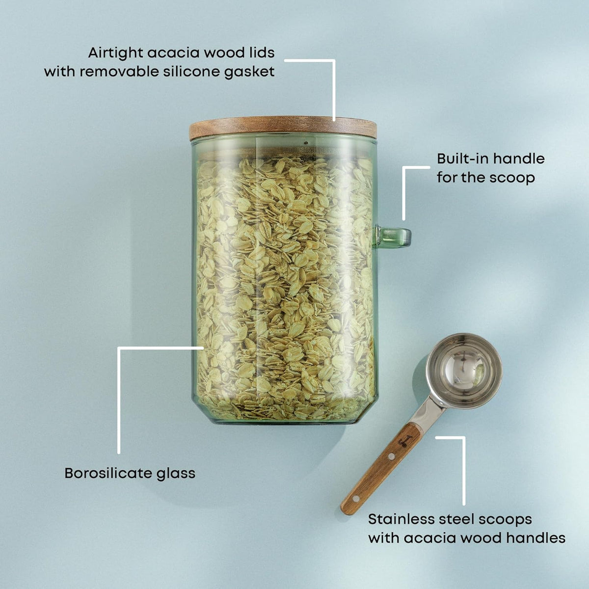 JoyJolt Holden 32oz Stackable Glass Storage Containers with Lids and Scoops, Airtight Food Canister Set of 3 w/Acacia Wood Lids, Round Stacking Pantry and Kitchen Containers w/Scoop | Sage Green
