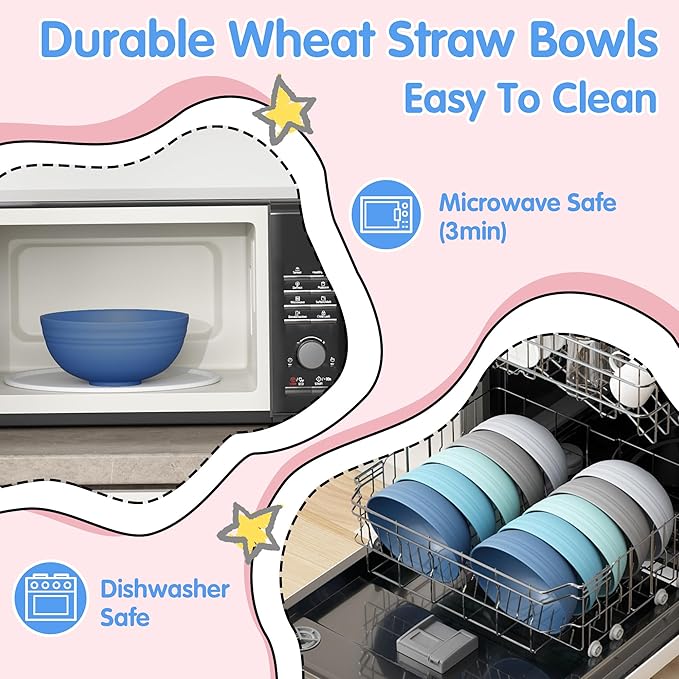 Quatish 10 PCS Unbreakable Cereal Bowls,Dishwasher & Microwave Safe Wheat Straw Bowls, Easy-to-Clean Lightweight Snack & Soup Bowl,Multi-Color Portable for Picnics Plastic Bowls Set, Blue