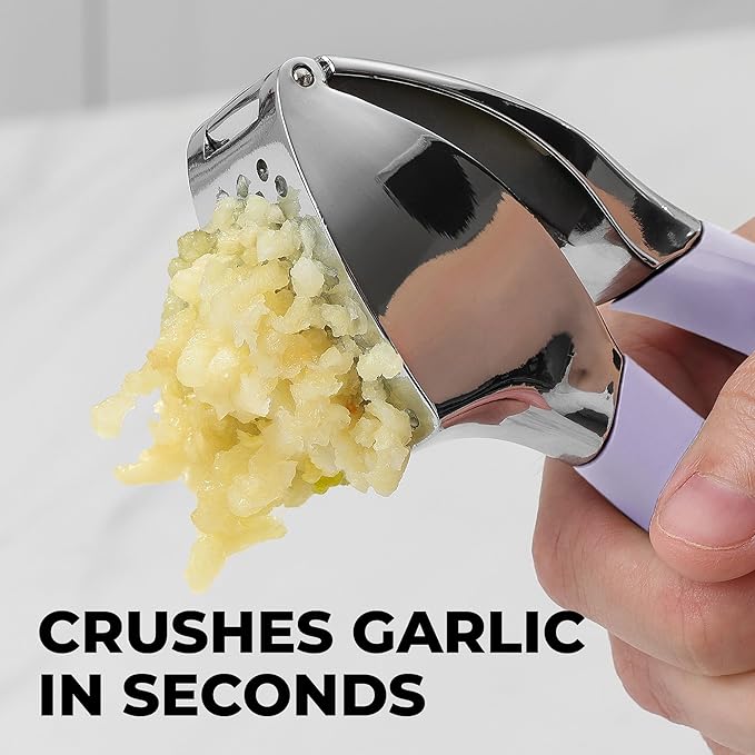 Zulay Kitchen Comfort Grip Garlic Press - Garlic Mincer Tool - Garlic Crusher - Garlic Press Mincer Rust Proof, with Soft Ergonomic Handle, Easy Clean Set with Peeler and Brush - Lavender