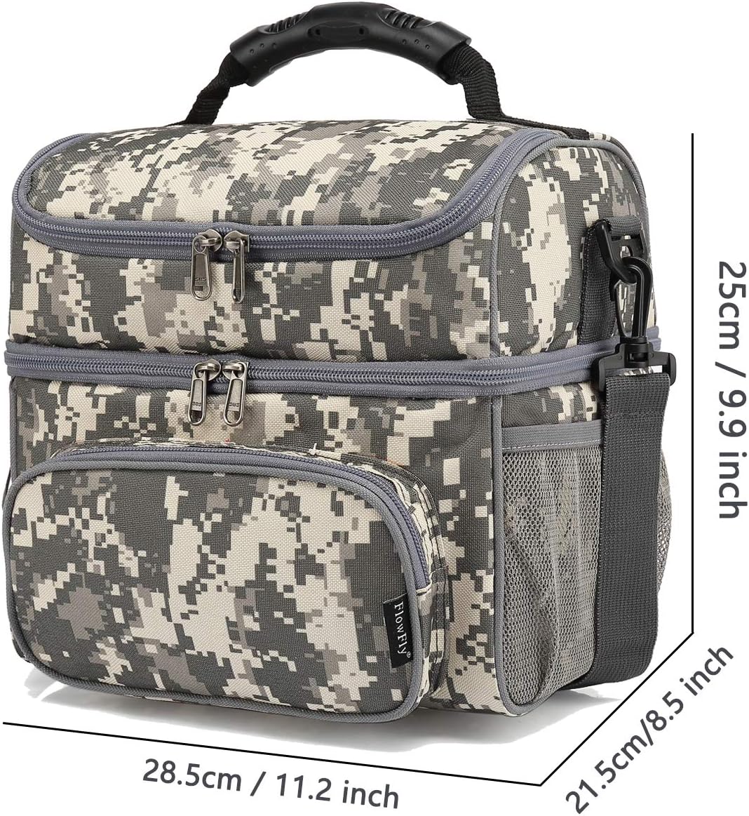 FlowFly Double Layer Cooler Insulated Lunch Bag Adult Lunch Box Large Tote Bag for Men, Women, With Adjustable Strap,Front Pocket and Dual Large Mesh Side Pockets