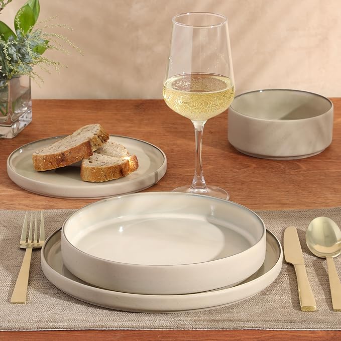 Gibson Elite Liberty Bay 16-Piece Pottery Clay Stoneware Dinnerware Set – Taupe Reactive Glaze, Stackable Plates and Bowls W/Pasta Bowl, Service for 4 – Microwave & Dishwasher Safe