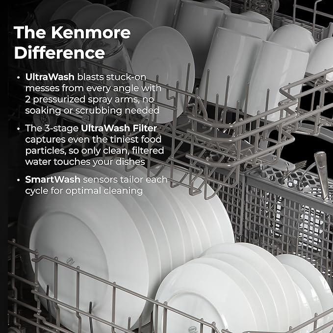 Kenmore 24" Premium Hybrid Tub Dishwasher - UltraWash, MoreSpace Adjustable Rack, High Temp & SmartWash - 12 Place Settings - 54 DBA - ENERGY STAR Certified - Black